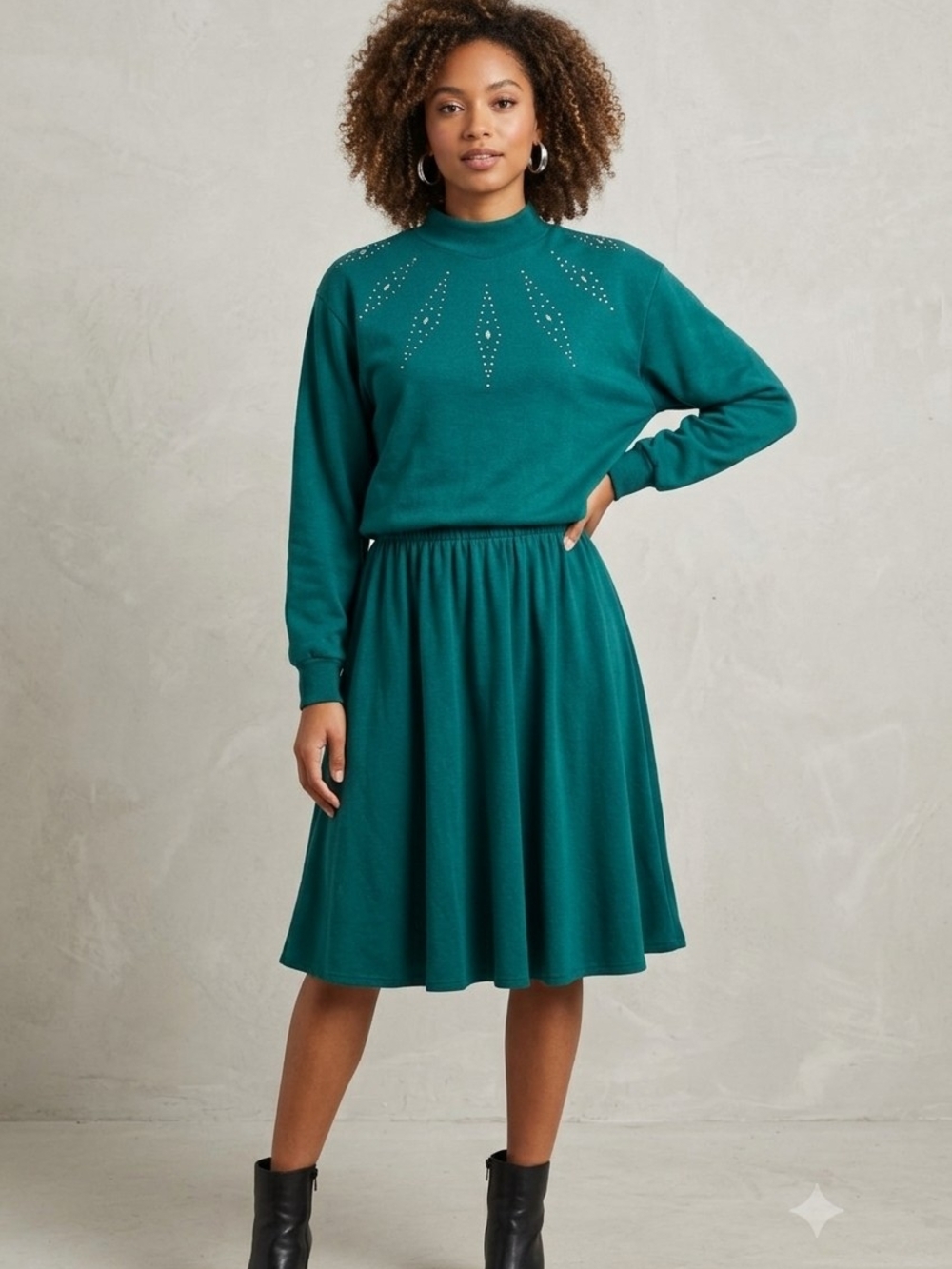 ​VTG 80s Pandamonium Teal Embellished Mock Neck Sweatshirt & Skirt Co-Ord Set M